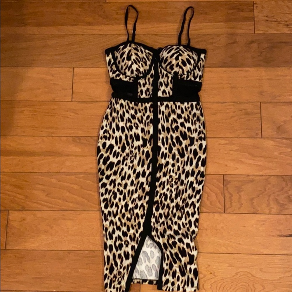 Fitted leopard print dress with mesh panels